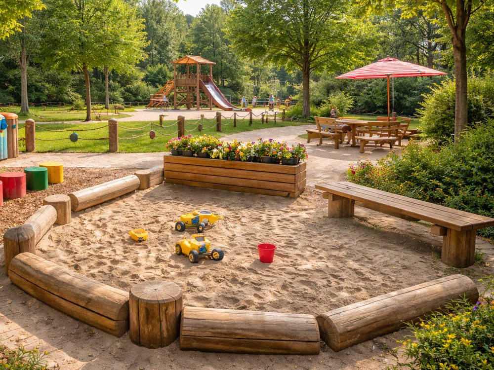 Naturnaher Sandkasten mit Holzumrandung auf modernem Spielplatz Sandspielbereich mit Holzstämmen, Sitzbänken und Spielturm im grünen Außenbereich