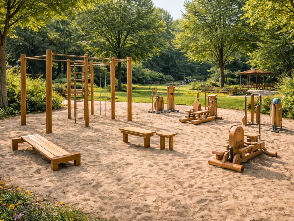 Outdoor-Fitnessgeräte aus Holz für Spiel- und Bewegungspark Holz-Fitnessanlage mit Kletterelementen und Trainingsgeräten im naturnahen Sandbereich
